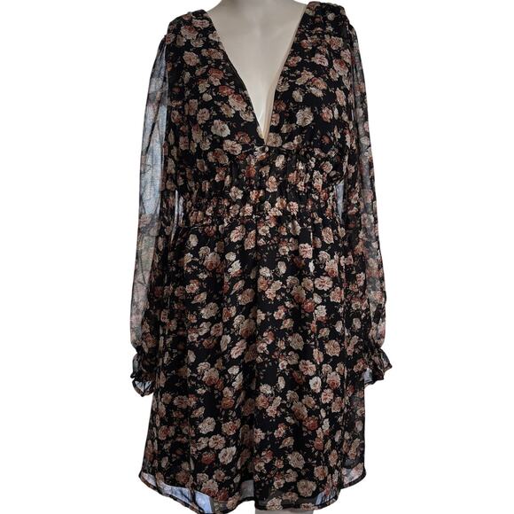 She and Sky Dress M Black Floral Long Sleeve Ruffle Hem Cottagecore Romantic - Picture 1 of 9